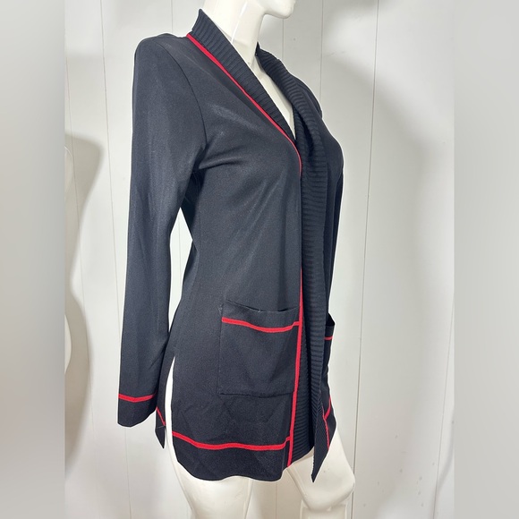 Mistook Sz Small Black Open Front Longline Cardigan With Red Trim Front Pockets - Picture 2 of 11
